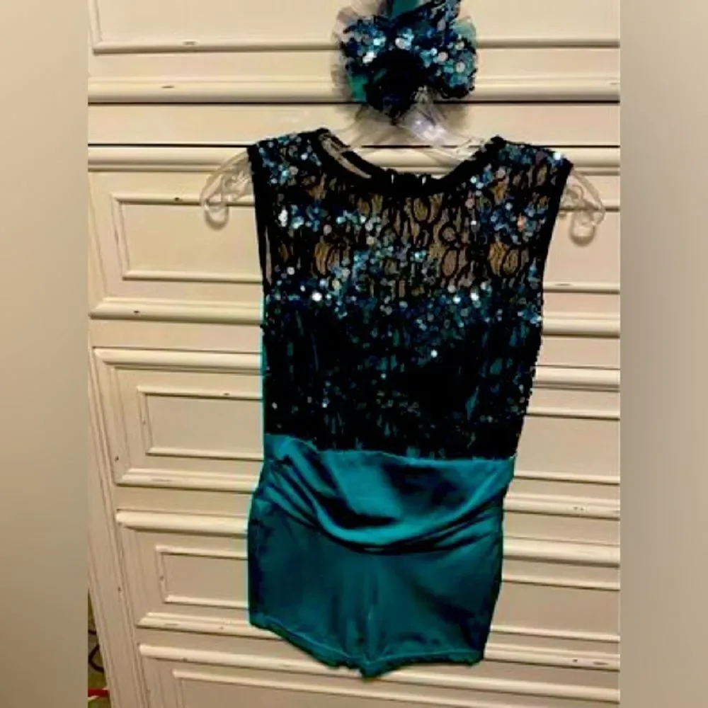 Adult Small 3pc Dance Costume Turquoise & Black With Sequins Fringe Leotard Tap